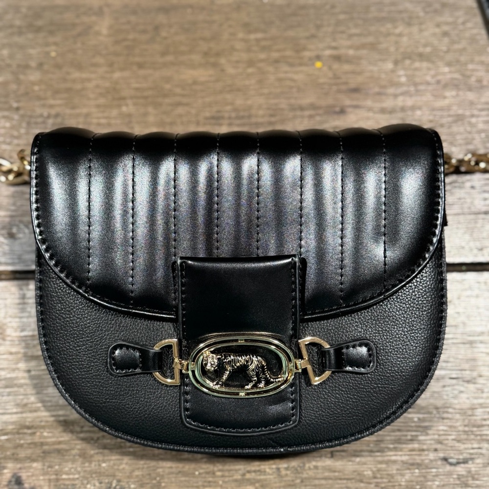 Topshop Quilted Black Saddle Crossbody Bag with Gold Hardware